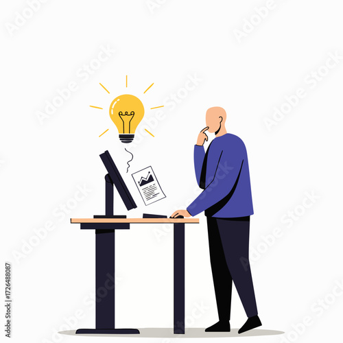A thoughtful individual generates a brilliant new concept while diligently working at their modern computer desk, symbolizing innovation and digital problem-solving.