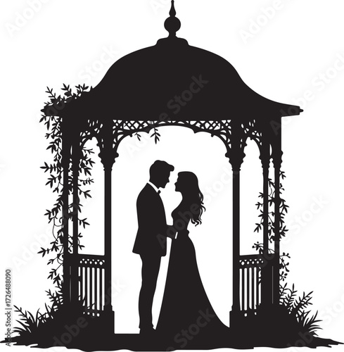 Black silhouette of wedding couple in ornate gazebo with vines