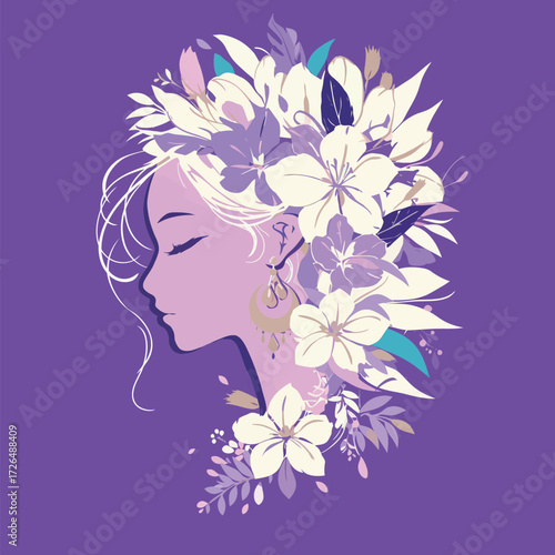 A serene lady is portrayed in profile with a crown of delicate flowers. The background is a rich purple, enhancing the floral details and her peaceful expression.