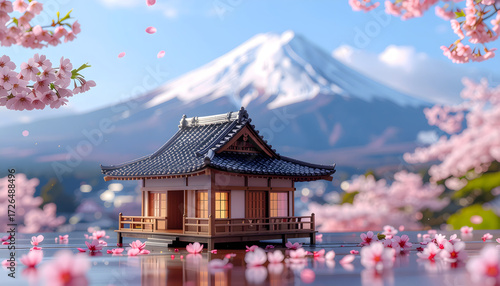 A Japanese miniature building around the pink blossom with Mount Fuji in the background