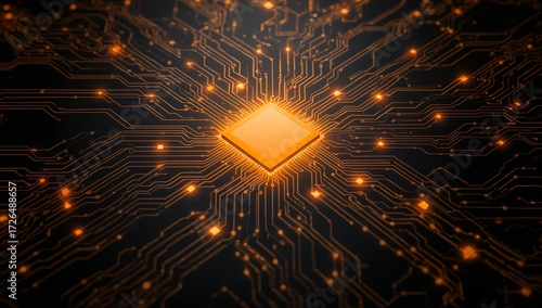 Microchip center with golden circuits and futuristic digital network pattern on dark surface