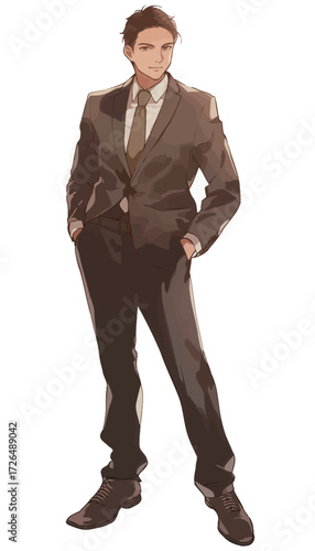 A young man stands confidently in a smart suit, with his hands in his pockets. He has a relaxed yet professional demeanor, exuding charm and poise.