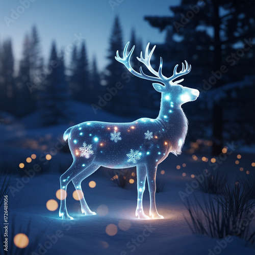 Glowing reindeer silhouette adorned with festive lights in snowy forest