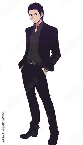 A young man is dressed sharply in a black suit, exuding confidence with a relaxed stance and subtle expression.