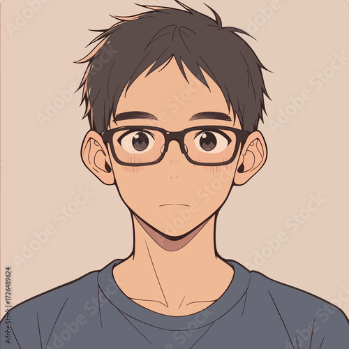 A young person with short dark hair and glasses stands with a calm expression. The background is plain, emphasizing the characters thoughtful demeanor and appearance.