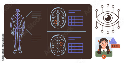 Nervous system diagram, brain scan analysis, AI representation, and deepfake highlighting. Ideal for medicine, neuroscience, AI research, technology ethics, digital literacy cyber security