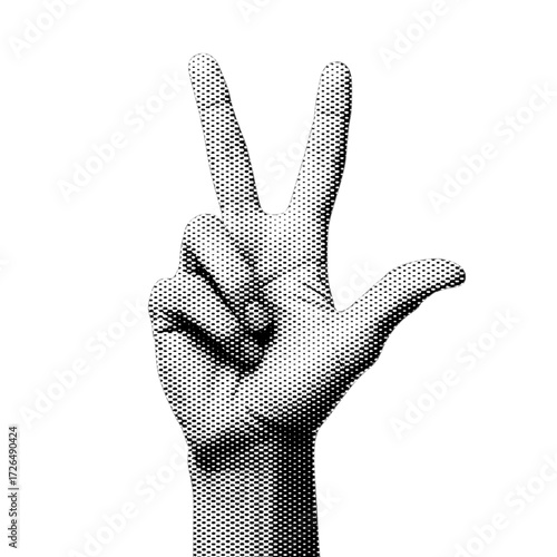 Halftone image of a hand with three fingers extended upward.