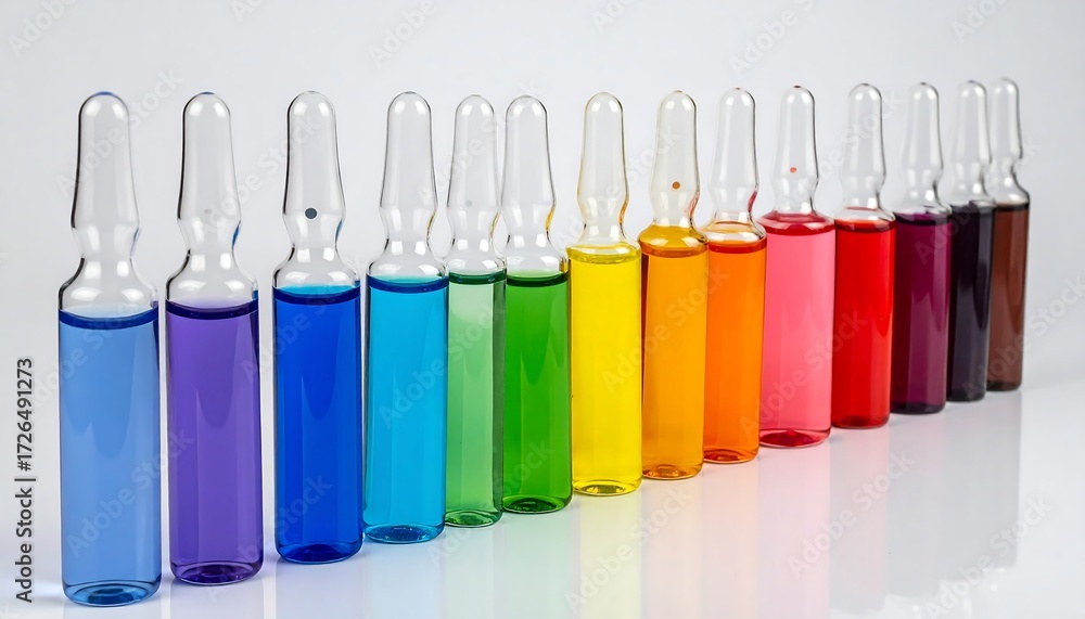 Fototapeta premium A row of ampoules filled with vibrant, multicolored liquids, arranged in a spectrum against a white background