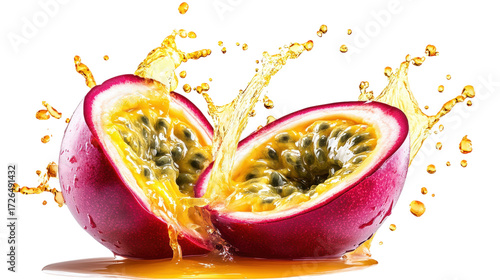 Passionfruit cut open with juice splash isolated on a transparent background