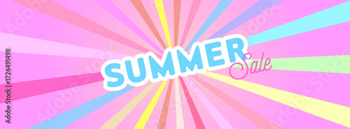 Bright summer sale advertisement with pastel colors and radial lines for seasonal promotions