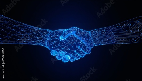 Digital Handshake Blue Wireframe Mesh on Black Background