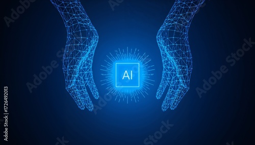 AI digital microchip with blue light and circuit design