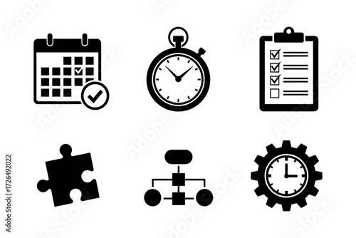 Project management icons, including calendar, stopwatch, checklist, puzzle, and gear