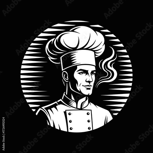 Illustration of a confident chef with a tall hat and smoke