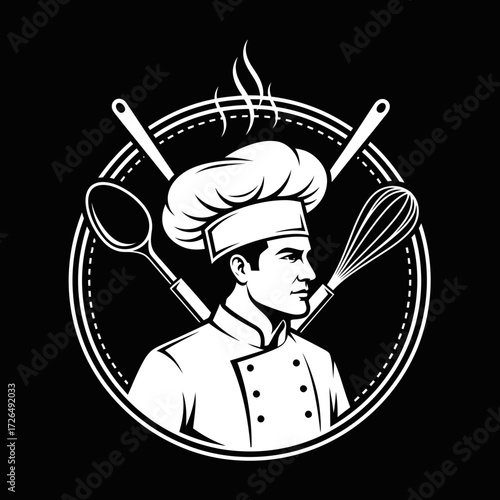 Chef logo with cooking utensils, showcasing a skilled cook in a toque, encircled by kitchen tools