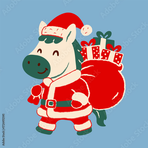 Christmas Horse Character in Santa Costume Carrying Presents