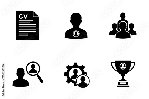 Human resources icons, including cv, profile, team, search, gear, and trophy