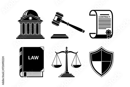 Law and justice icons, featuring a courthouse, gavel, contract, law book, scales, and shield