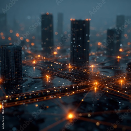 Wallpaper Mural A futuristic cityscape at night, showcasing interconnected structures and vibrant orange lights illuminating the network of streets. Torontodigital.ca