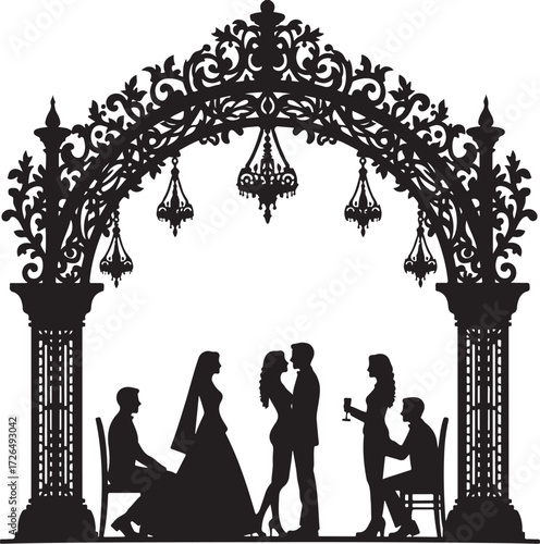 Black silhouette wedding couple under ornate arch with guests