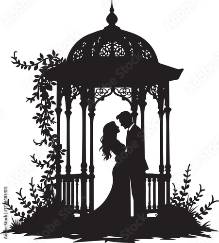Couple embracing in ornate gazebo silhouette with vines