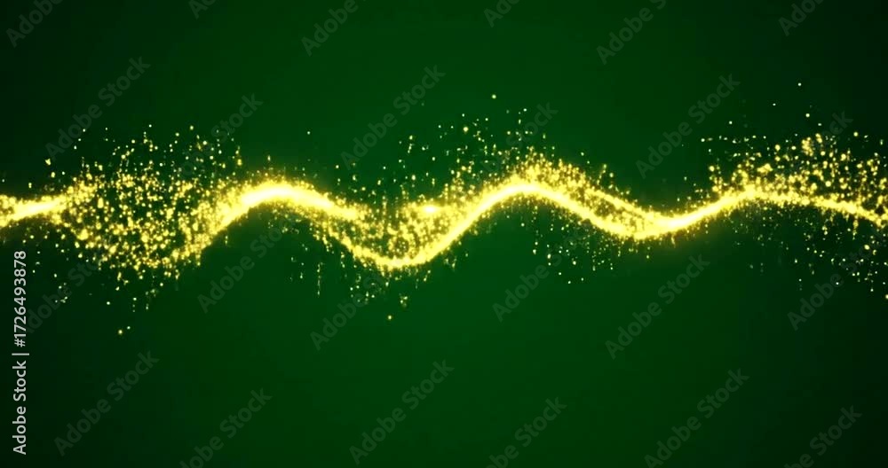 Abstract glowing golden wave of light particles and energy flow on a dark green background, symbolizing dynamism and power