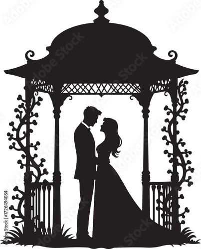 Silhouette couple in gazebo with vines wedding romantic