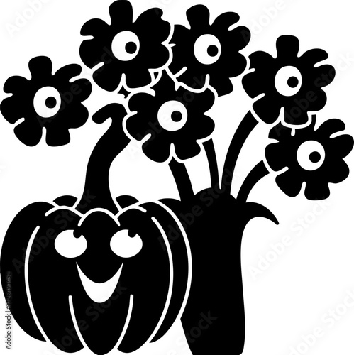 Cheerful pumpkin with smiling face is accompanied by bouquet of flowers, creating festive and joyful Halloween decoration. combination of pumpkin and flowers adds playful touch to seasonal theme