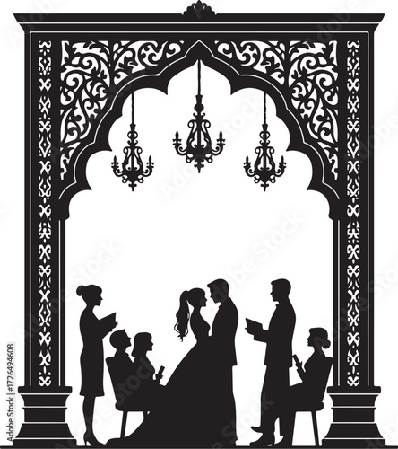 Silhouette wedding ceremony under ornate arch with chandeliers
