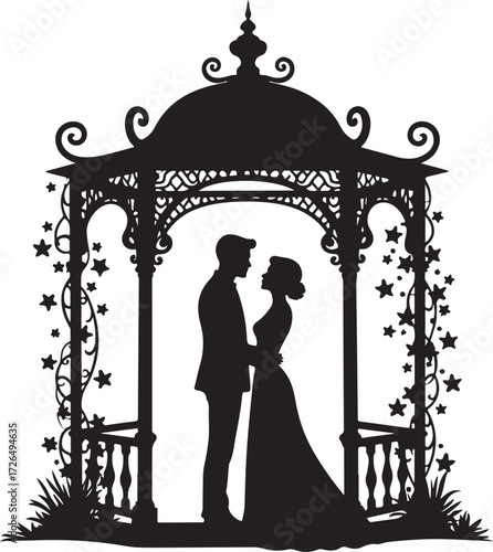 Silhouette wedding couple embracing under ornate gazebo with stars
