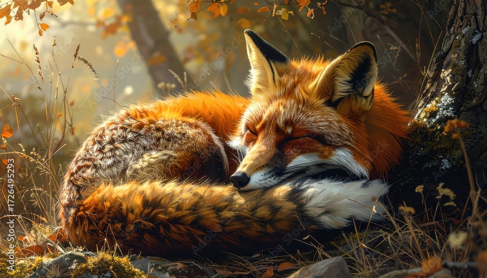 Fototapeta premium A serene red fox rests peacefully amongst autumnal foliage, bathed in golden sunlight.