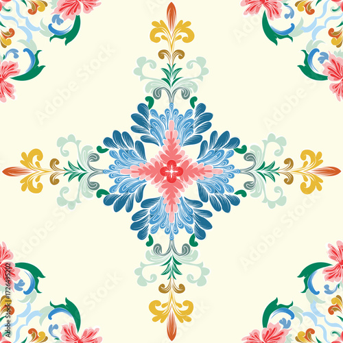 Seamless Geometric Floral Tile Pattern. Modern, stylized flower design with vintage colors and precise lines. Perfect for textiles, digital paper, and contemporary branding.