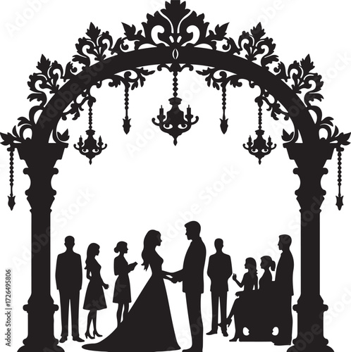 Wedding ceremony silhouette under ornate arch with chandeliers