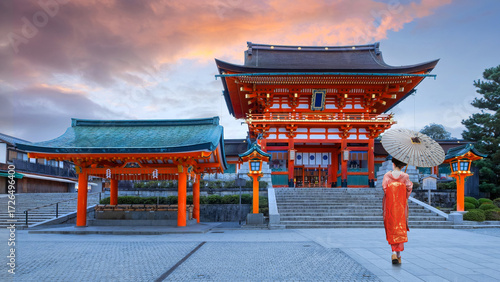 Fushimi Inari Taisha, an important Shinto shrine, famous for its thousands of vermilion torii gates in Kyoto, Japan