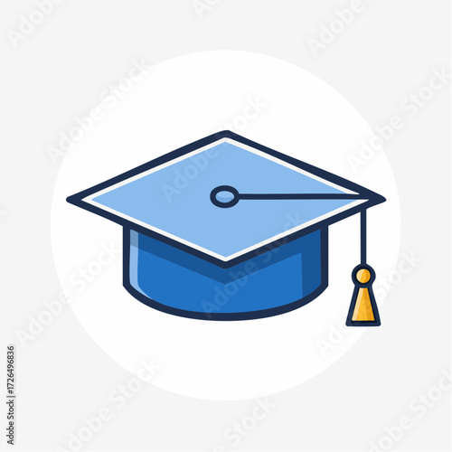 Vector illustration of a blue graduation cap with a tassel. An icon representing academic achievement, university education, and scholarly success