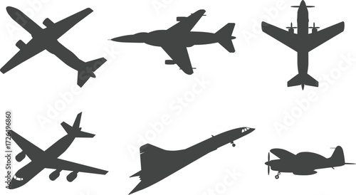 Airplane silhouette set including jet planes, passenger aircraft, military jets, aviation icons, vector illustration for travel, transport, aviation design