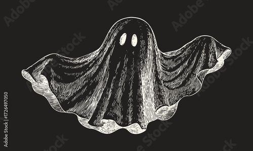 Scary floating ghost in vintage engraving style. Halloween illustration for spooky posters, party invitations, horror decorations.