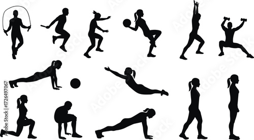 Fitness workout silhouettes of women exercising, jumping rope, push ups, squats, lunges, stretching, strength training, vector illustration healthy lifestyle