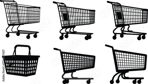 Silhouette vector illustration of shopping carts and baskets for supermarket, retail store, online shopping, ecommerce, business, commerce, and market design
