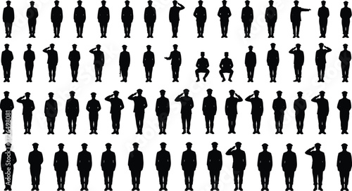 Silhouettes of soldiers in different poses, saluting, standing, military personnel vector illustration for army, security, defense, uniform, patriotism design