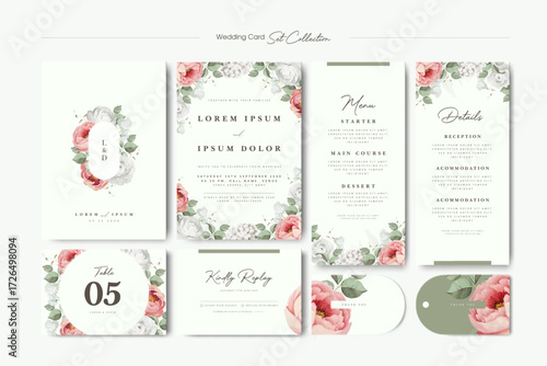 wedding invitation card set with peonies flower template