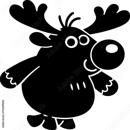 Cute cartoon moose with antlers and round body, smiling cheerfully. simple, playful design features exaggerated features like large eyes and big nose, adding to its charm