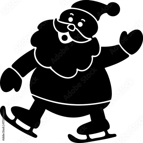 Jolly Santa Claus silhouette is ice skating, wearing traditional hat and waving cheerfully. simple black and white design captures festive spirit of holiday season
