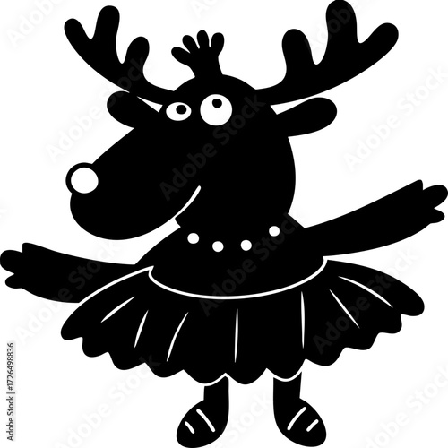 Cute cartoon reindeer character is dressed in tutu, standing with arms outstretched. reindeer has large antlers and joyful expression, adding whimsical touch to illustration