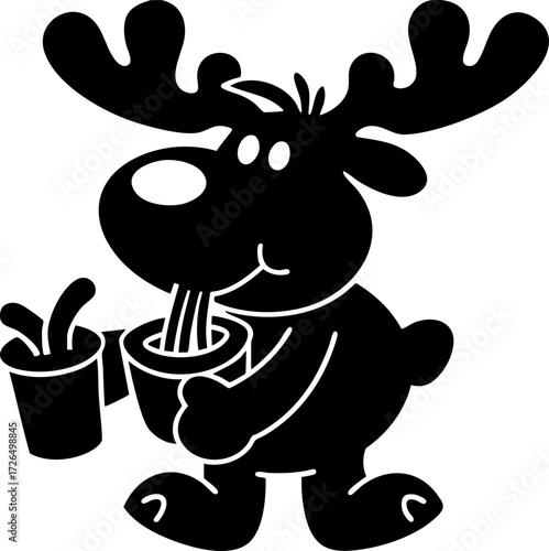 Cute cartoon moose is happily sipping hot beverage from mug, with steam rising, while holding second cup. playful illustration conveys warmth and joy