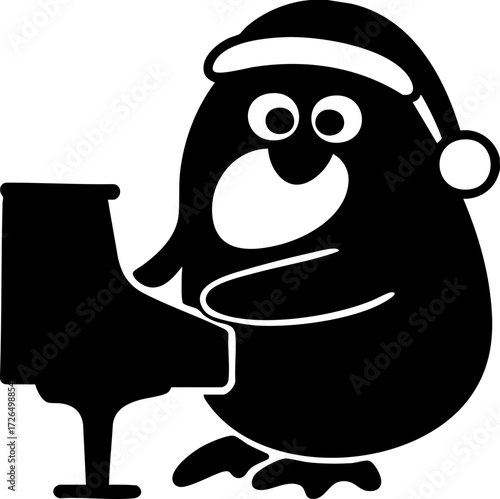 Cartoon penguin wearing winter hat joyfully plays grand piano, showcasing whimsical and festive atmosphere. simple black and white illustration highlights penguin cheerful expression and musical