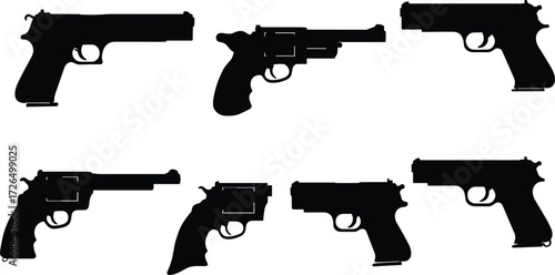 Silhouette vector illustration of pistols and revolvers handguns collection for security, defense, firearm design, weapon symbol, and police icon