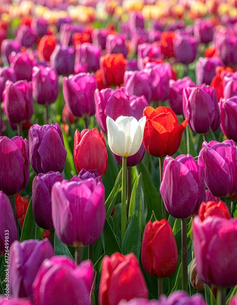 Fototapeta premium Vibrant Tulip Field with a Single White Tulip.