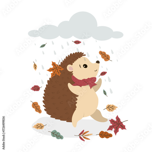Adorable vector illustration of a cheerful hedgehog walking amid falling autumn leaves and rain. The hedgehog wears a red scarf, adding charm to the autumn scene.