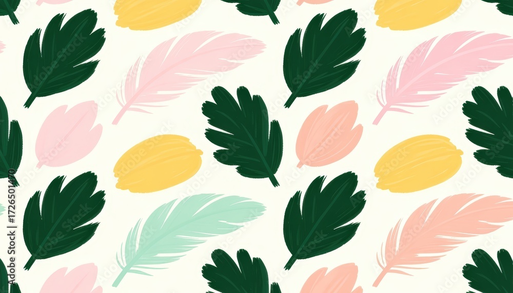 Obraz premium Tropical Leaves and Feathers Seamless Pattern Floral Background